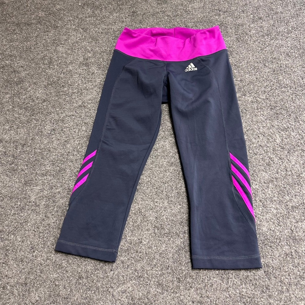 Adidas Leggings Womens Size M Navy Purple Cropped 3-Stripe Athletic Yoga Gym